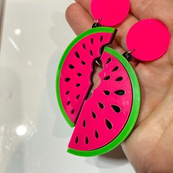 90s Neon Pink and Green Watermelon Slice Statement Earrings - Picture 4 of 13